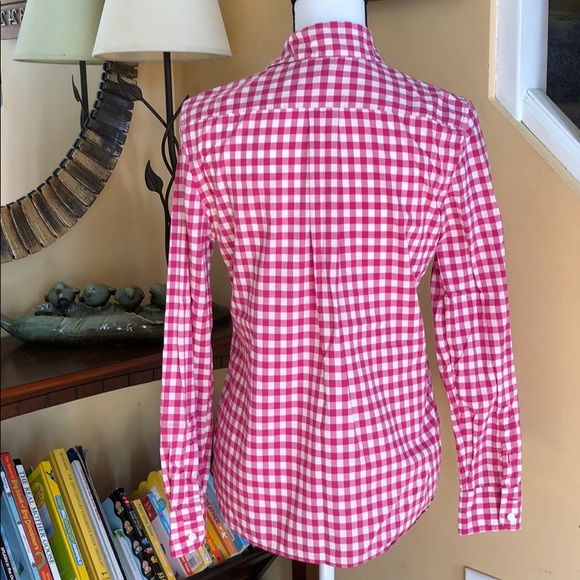 Lands’ End checked button down magenta SMALL - Picture 2 of 7